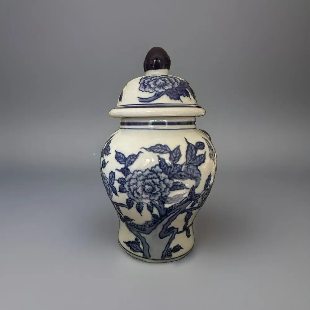 Blue & White Ceramic Rose Ginger Jar Vase Lid Decorative Chinoiserie NWT 8” Tall